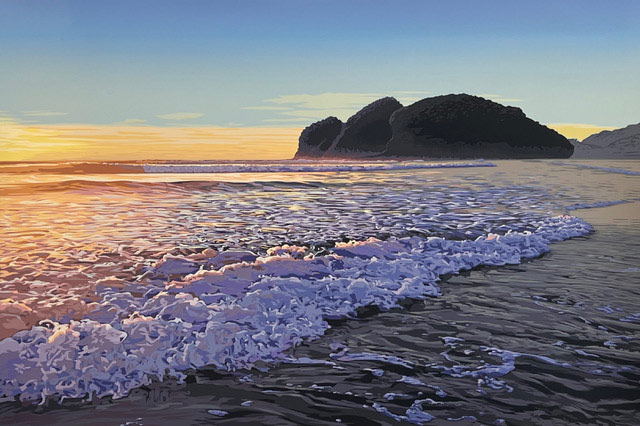 Matt Payne ltd screenprints, nz landscape art, Te Henga Sunset